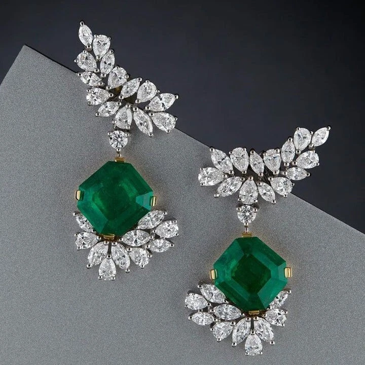 8.75 TCW Simulated Green Emerald & White Sapphire Women's Drop Dangle Earrings - Image 2 of 4