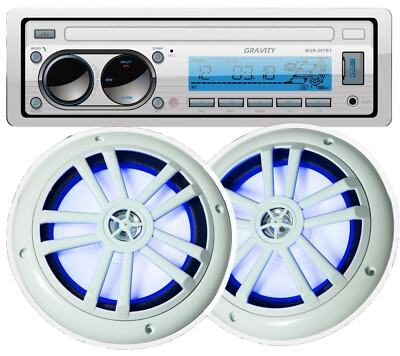 Gravity Marine Boat AM FM BT Receiver +2x Gravity 6.5'' Marine Speakers White LED