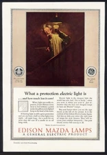 Norman Rockwell EDISON MAZDA LAMPS Ad 1925 Elderly Man with Gun & Oil Lamp