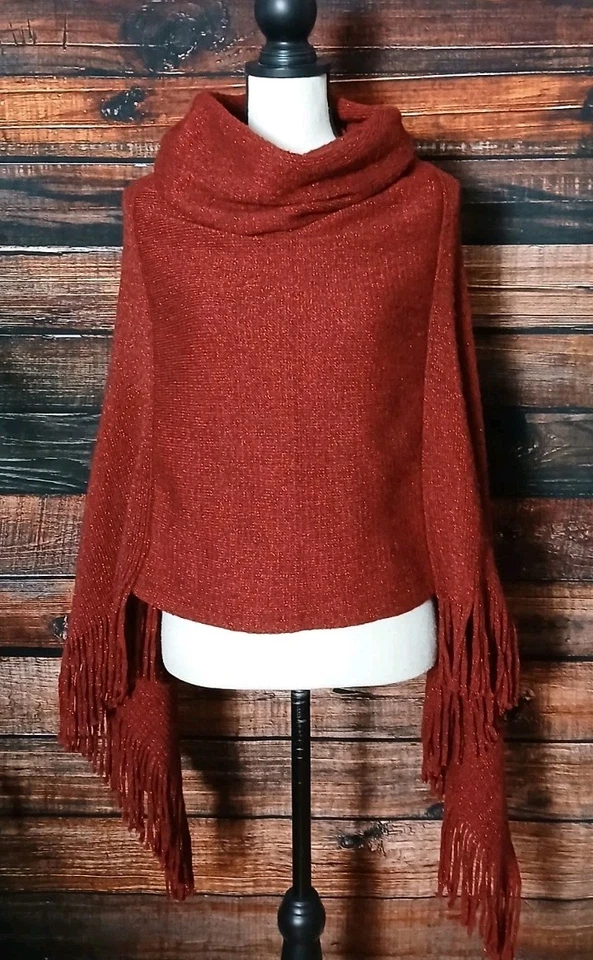 Poncho Chicos Talla Única Borgoña Vino Brillante Capucha Cuello Capa Suéter Flecos  Foto 3 de 4