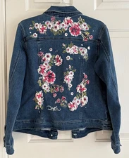 Boho Denim Jacket Floral Print Jean Small Bohemian Hippie style Diane Gilman DG2