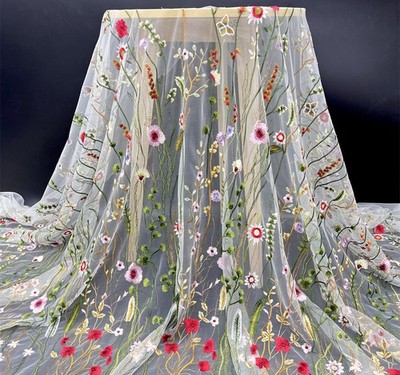 Lace Fabric 2 Yards Beautiful Seaweed Floral Embroidery Lace Tulle White Mesh F