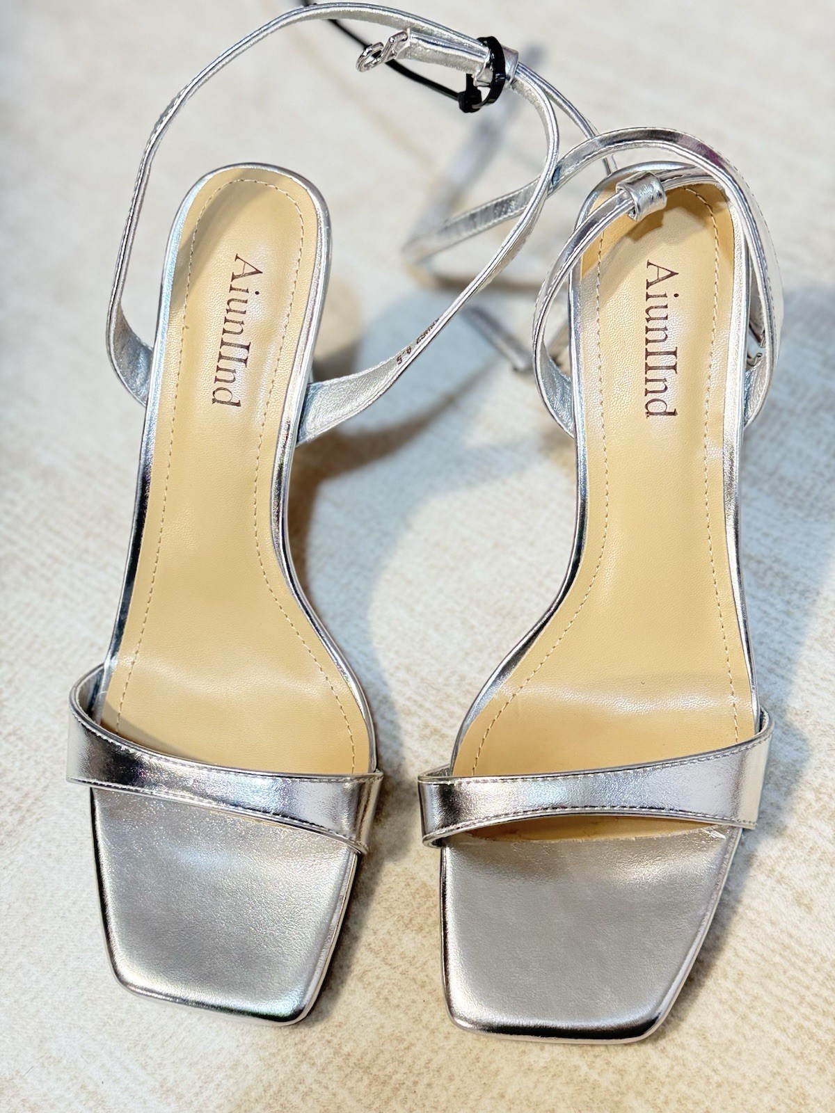 AIUNIIND Silver Strappy Block Heel Sandals Buckle Ankle Strap Size 9
