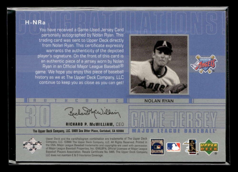 2001 Upper Deck Nolan Ryan Game Used Jersey Auto Autograph Angels #H-NRa view 2