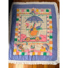 Vintage Pastel Quilted Baby Blanket Ruffle Trim Bear Bunny Dog Nursery Quilt