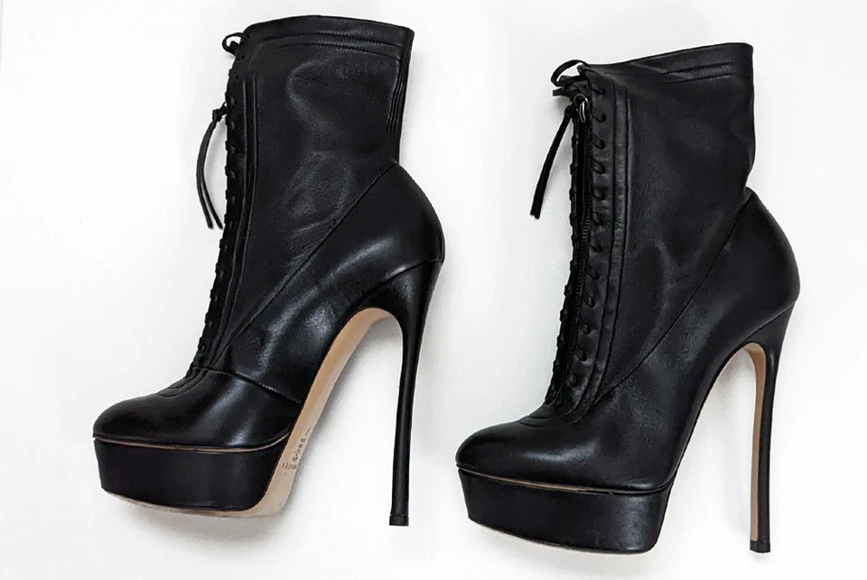 卡萨迪黑色皮革高跟鞋厚底细高跟短靴意大利制造 7 — 第 4/4 张图片