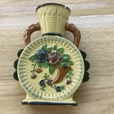 Vintage Hand Painted Double Handle Pottery Vase, 6 Inches Tall