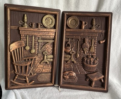 Vintage 2-piece Set Miller Studio 3D Colonial Home Wall Art Fireplace Kitchen
