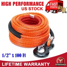SPARKWHIZ 1/2"x100ft 32000lbs Synthetic Winch Line Rope Cable Kit For SUV UTV US