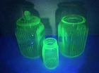 3  Vintage Ribbed Uranium Vaseline GLOW Glass Canisters