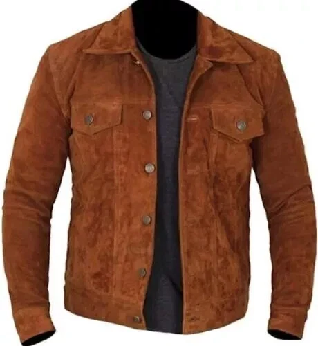New Mens Genuine Suede Lambskin Leather Trucker Denim Brown Jacket
