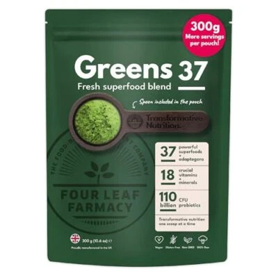 FOUR LEAF FARMACY Greens Powder Made in UK with 37 superfoods 300 g High Dosage servings