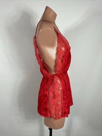 Vtg 90s Negligee Open Sides Red Lace Nylon Romper Lingerie Babydoll sz S