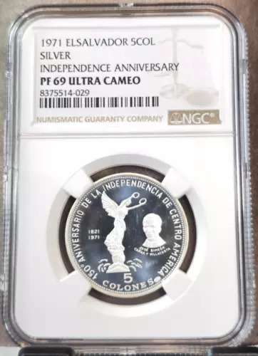 1971 EL SALVADOR SILVER 5 COLONES INDEPENDENCE NGC PF 69 ULTRA CAMEO TOP POP