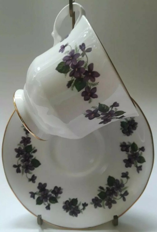 Footed Tea Cup & Saucer, Bone China, Queen Anne, Violets, Made in England