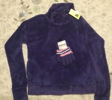 Girls plush pullover, purple, zipper neck, thumbhole cuffs, NWT, Free gloves