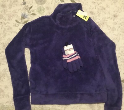 Girls plush pullover, purple, zipper neck, thumbhole cuffs, NWT, Free  gloves
