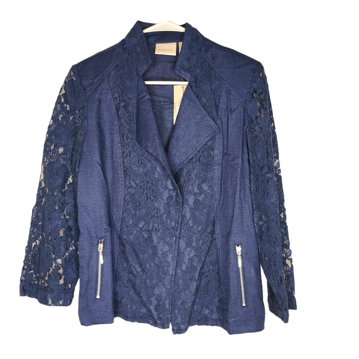 Chicos NWT Dark Blue Denim Silver Zip Lace Open Collared Moto