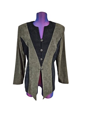 Vintage DJ Summers 90s Olive & Black Faux Suede Blazer Size 14P Women's M42