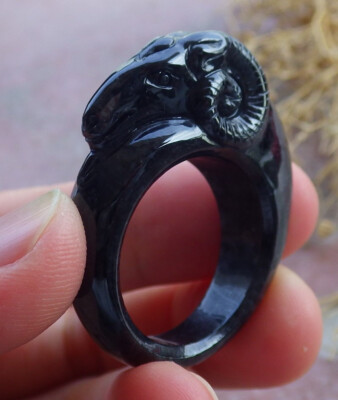 Video Certified Black Natural A JADE Jadeite Sheep RING USA. 10.25 戒指 670681
