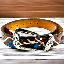 Milor Tooled Leather Belt Southwest Thunderbird Aztec Size Small 1980s Vintage