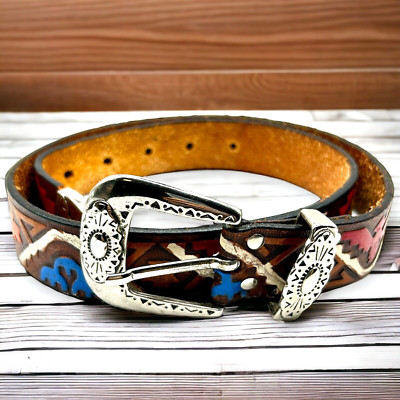 Milor Tooled Leather Belt Southwest Thunderbird Aztec Size 