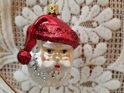 Vtg Inge Glass Santa Claus Head Red Glitter Christmas Ornament Germany