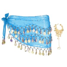 Belly Dance Hip Scarf 55x10" with 98 Gold Coin  Bracelet, Sky Blue