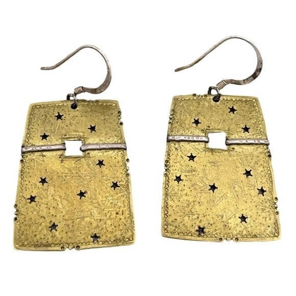 925 Sterling Silver Brass Dangle Rectangle Star H… - image 1