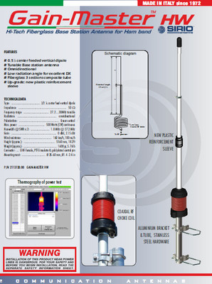 Sirio Gain-Master Hi-Tech Fiberglass HW Half Wave 10m & CB Base Antenna