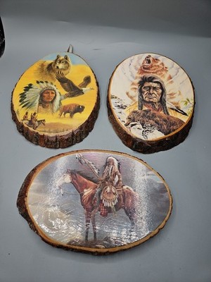 3 VINTAGE Wood Live Edge Picture Native American Indian Art Made In USA
