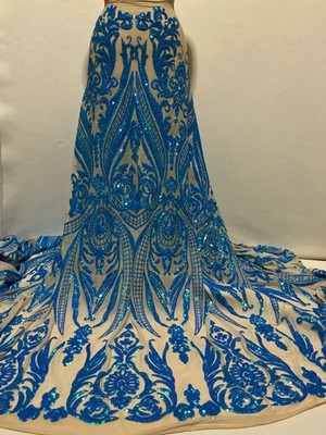 Exotic Design Turquoise iridescent sequins embroider| Width 54''Sold by the Yard