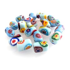 Millefiori Java Trade Beads Cylinder 10x15mm Light Blue Mixed Colors Pack of 6