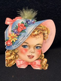 Vintage Easter greeting Card Hallmark 1940S Girl’s Face Die Cut Feather Antique