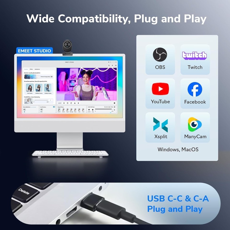 EMEET Piko 4K Dual Camera AI Webcam Streaming 3 Mics USB Web Cam for PC ...