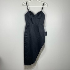 Mac Duggal 11650 Womens 2 Midi Dress Beaded Fringe Spaghetti Strap Black Silver