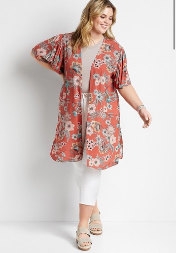 Maurices Orange Floral Short Sleeve Boho Flutter Sleeve Kimono Topper Plus Sz 2X - Picture 1 of 8