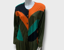 Vintage 80s American Jumpsuit Sz S Olive Green Orange Shoulder Pads NWT USA