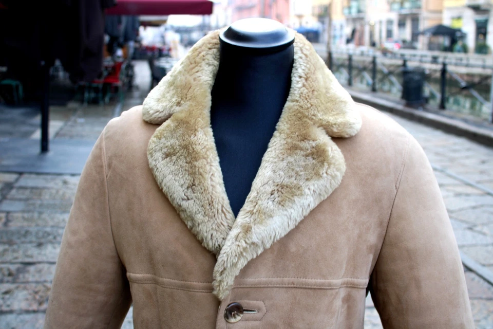 Cappotto Pelle Montone Beige Vintage Anni '70 Lungo taglia L - Immagine 3 di 4