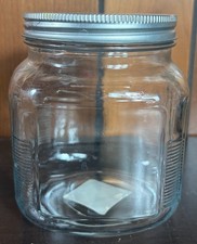 Anchor Hocking Square Glass Storage Jar Screw On Lid Ribbed Corners 6" Tall