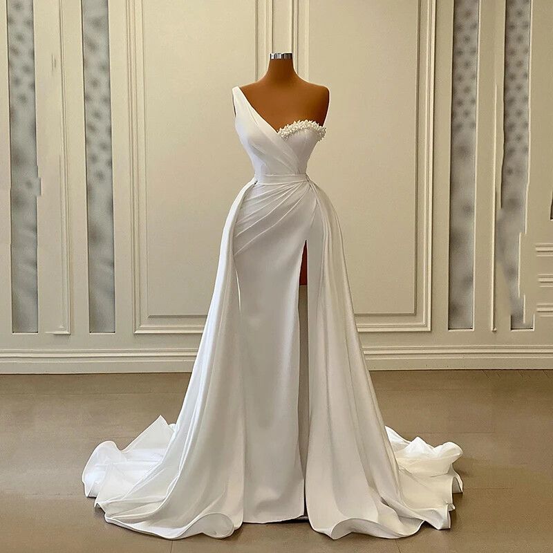 open lace back dress Hellenic Style One-Shoulder Asymmetrical A-Line Wedding Dress EU42 / Offwhite