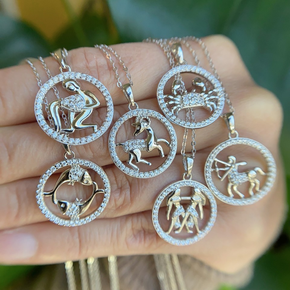 Zodiac Signs Symbols CZ Charm Pendant Necklace 925 Sterling Silver ...
