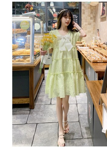 Womens Babydoll Puff Sleeve Dress Bow Swing Tiered Mini Ruffle Beaded Cute - Foto 18 di 27