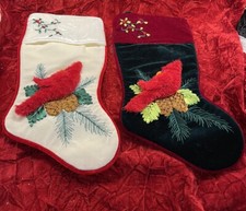Santa  s Best Green  Ivory Velvet Cardinal Christmas Stocking Sequin Flowers 17  
