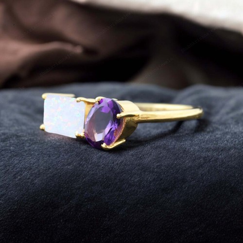 925 Sterling Silver Natural Fire Opal Ring Yellow Gold Plated Amethyst Ring - Picture 3 of 7