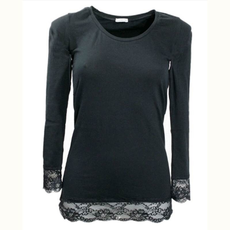 JADEA Maglia Donna Manica Lunga Con Scollo A Lollo E Pizzo - Cotone Elasticizzato, Nero - Foto 12