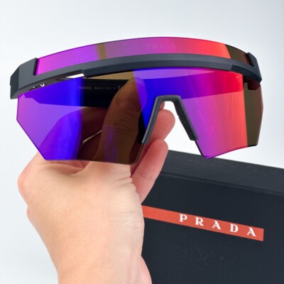 Prada Linea Rossa Women Sunglasses Black Brown Orange Shield PS01YS 1BO02U NEW