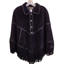Bob Mackie Wearable Art Black Suede Leather Fringe Poncho Cape Small