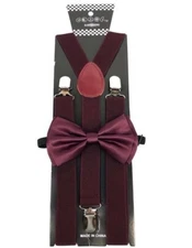Dark Wine Color Bow Tie & Suspender Set Tuxedo Wedding Formal Men's Accessories 