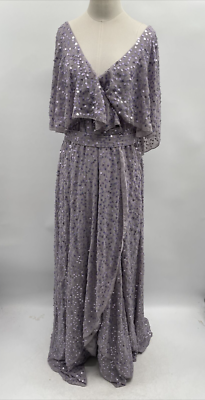 ASOS Womens Lavender Flutter Short Sleeve V-Neck Sequin Front Slit Dress  Size 16